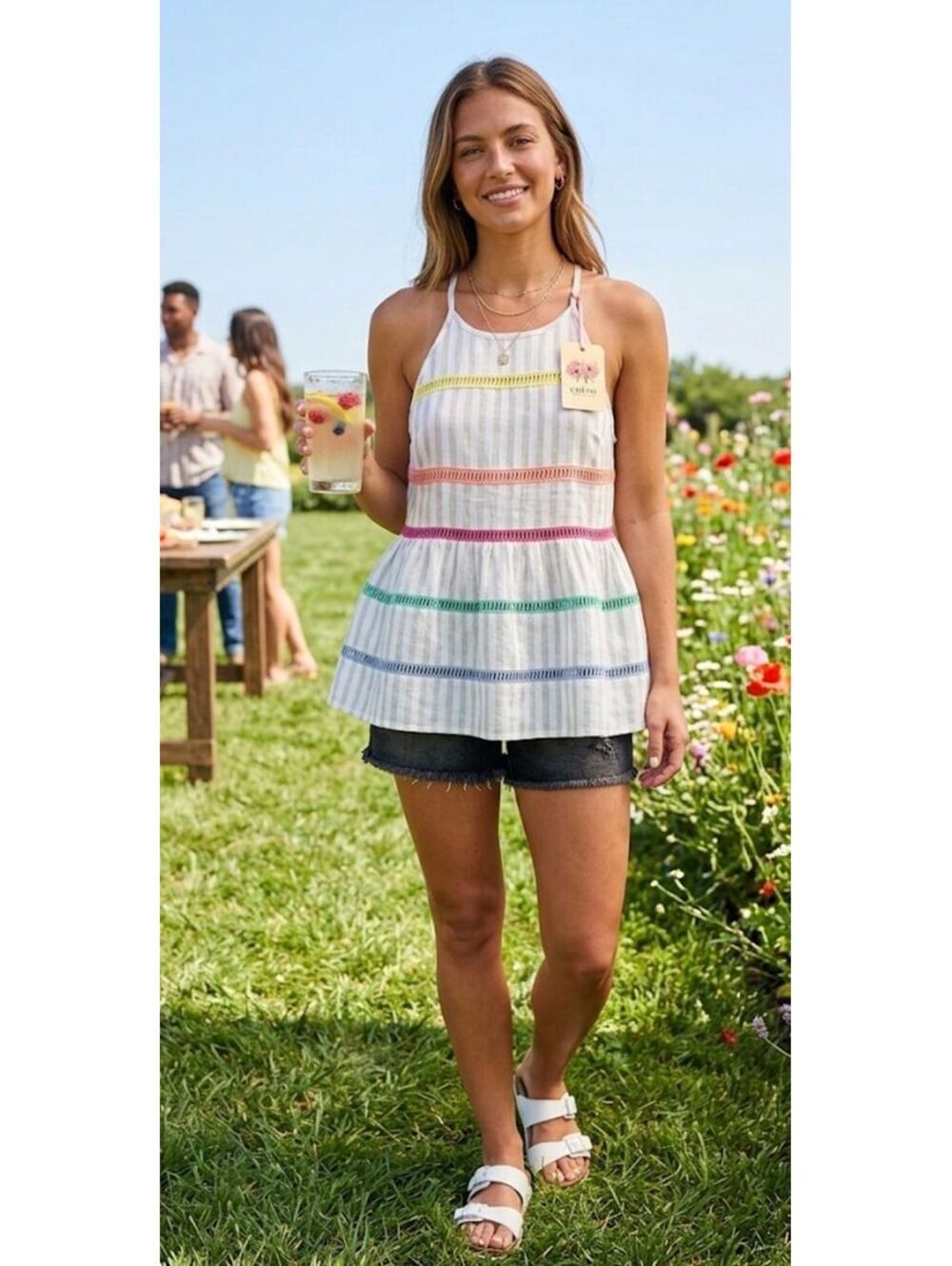NWT Entro Women’s M White Pastel Rainbow Crochet High collar tank Boho babydoll - Picture 1 of 7